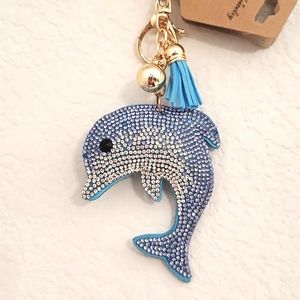 DOLPHIN blue and clear rhinestones goldtone tassel key chain id luggage tag car